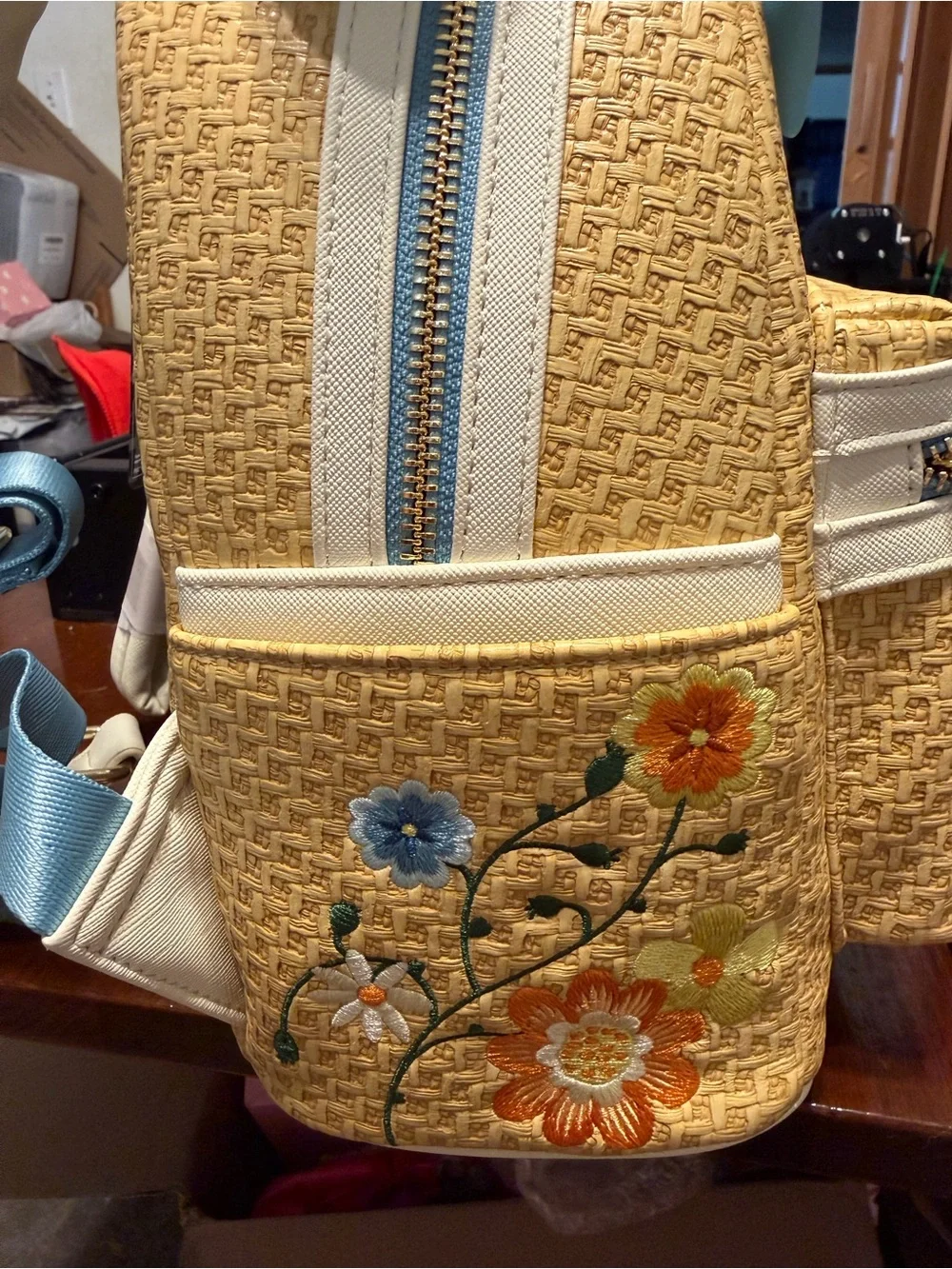 Disney Loungefly Minnie Mouse Floral Straw Embroidered Mini Backpack Blue Bow